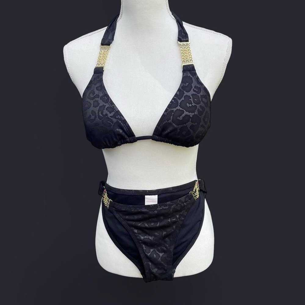 Black Leopard Print Bikini with Gold Accents